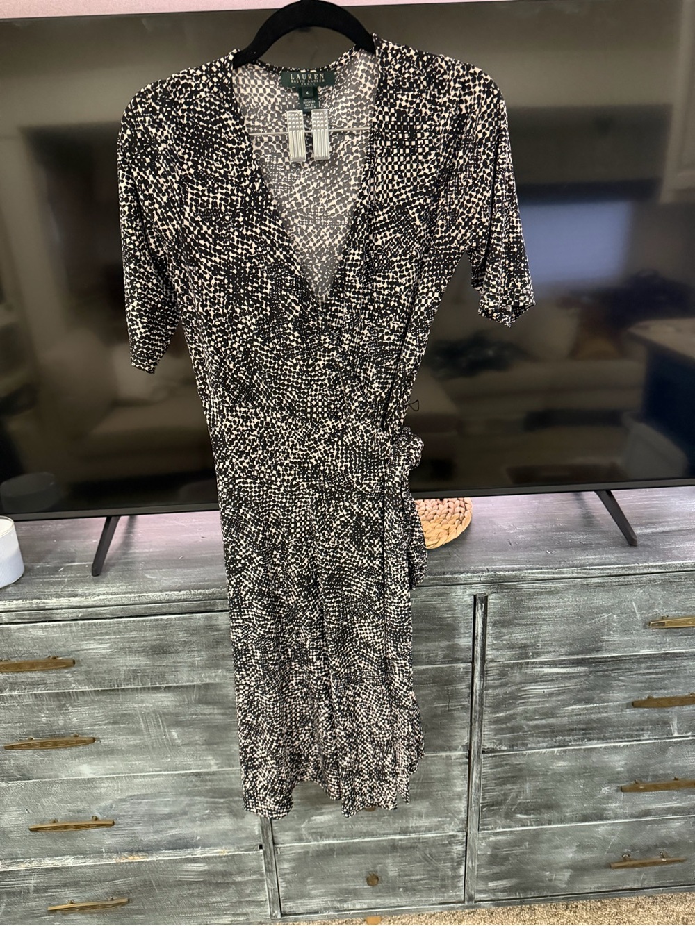 Lauren Ralph Lauren Black & White Printed Wrap Midi Dress
